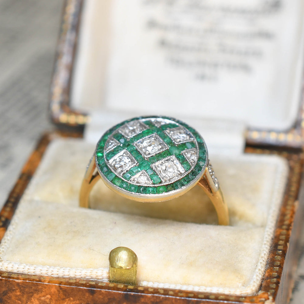 Edwardian Emerald & Diamond Lattice Work Cluster Ring