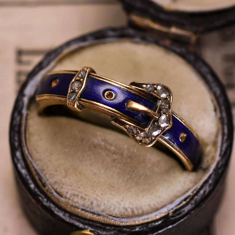 Edwardian Rose Cut Diamond & Enamel Buckle Ring