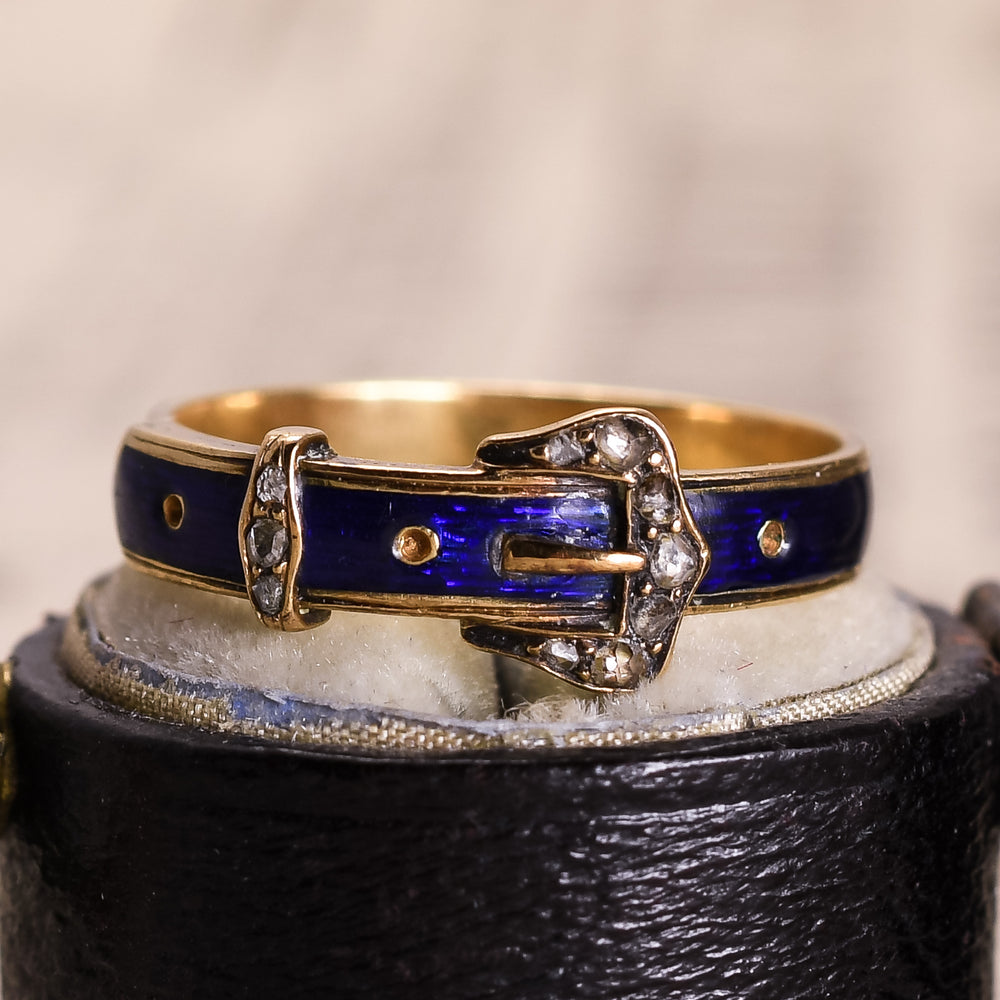 Edwardian Rose Cut Diamond & Enamel Buckle Ring