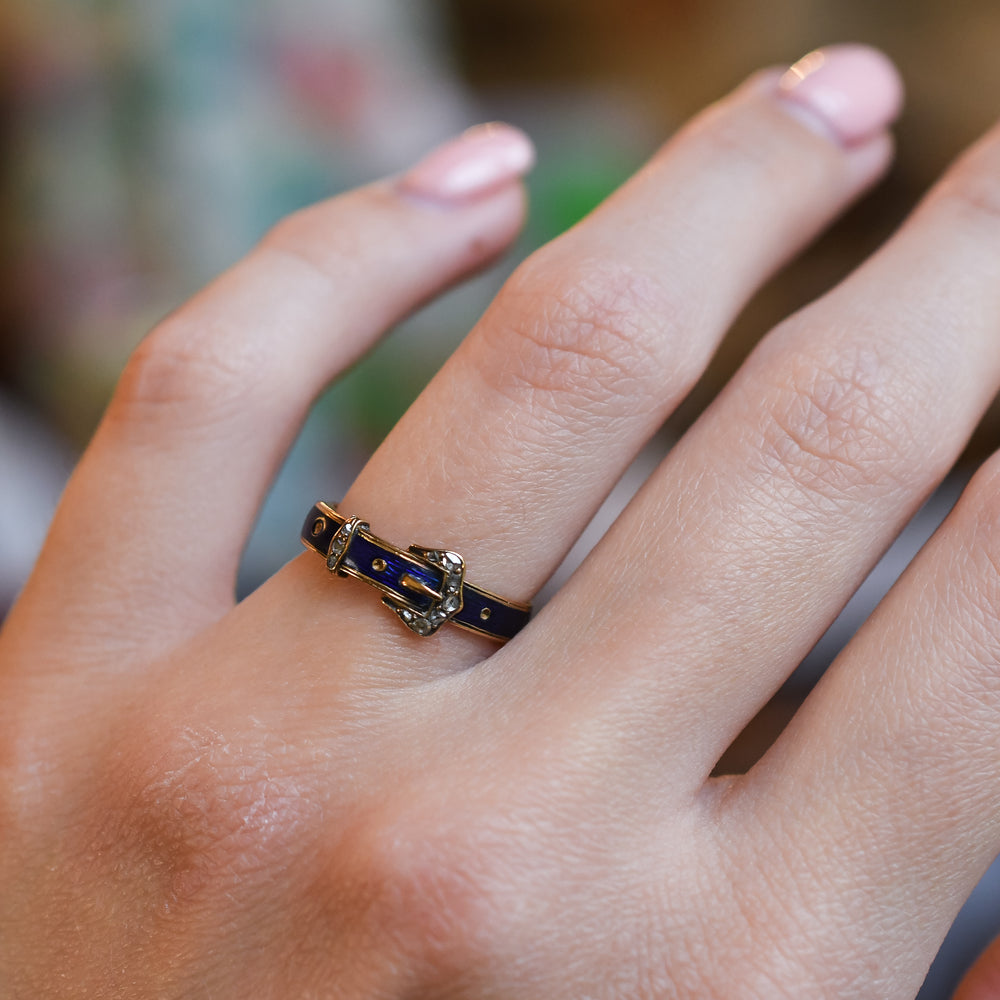 Edwardian Rose Cut Diamond & Enamel Buckle Ring