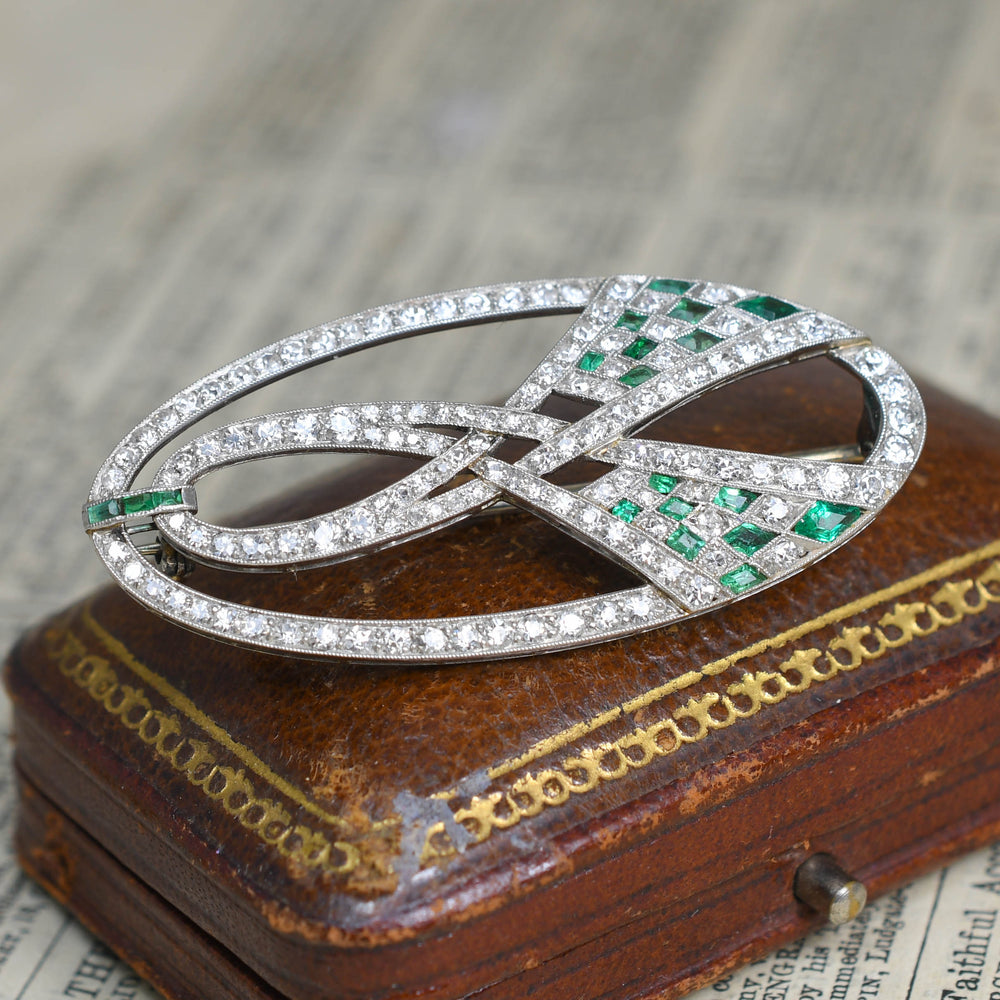 Art Deco Emerald & Diamond Ribbon Openwork Brooch