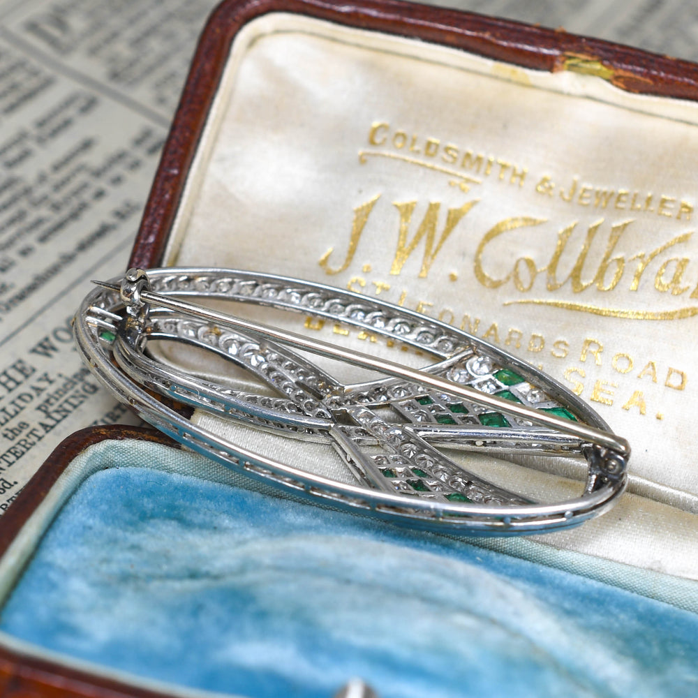 Art Deco Emerald & Diamond Ribbon Openwork Brooch