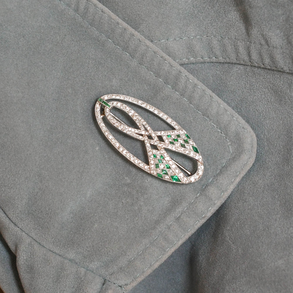 Art Deco Emerald & Diamond Ribbon Openwork Brooch