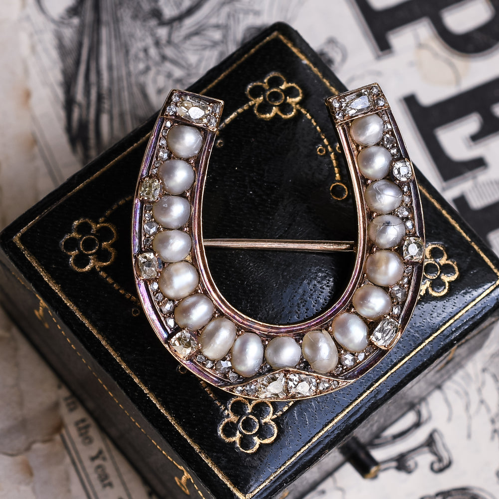 Victorian Diamond & Pearl Horseshoe Brooch