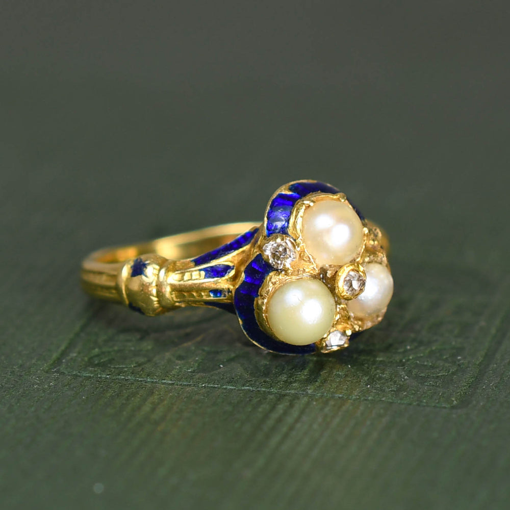 Georgian Trefoil Pearl & Guilloché Enamel Locket Ring