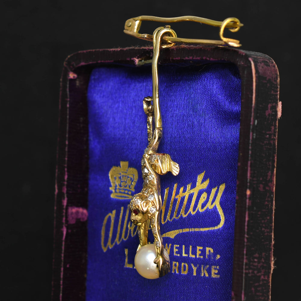 Victorian Diamond & Pearl Swinging Monkey Brooch