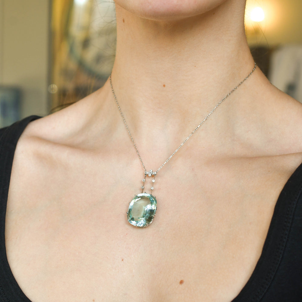 Edwardian 42.96ct Aquamarine Pendant & Diamond Chain