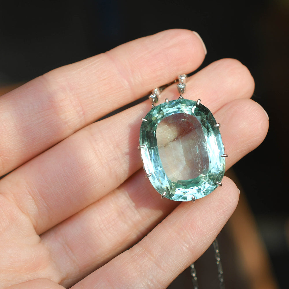 Edwardian 42.96ct Aquamarine Pendant & Diamond Chain