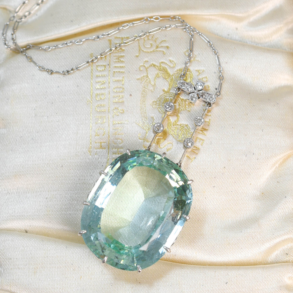 Edwardian 42.96ct Aquamarine Pendant & Diamond Chain