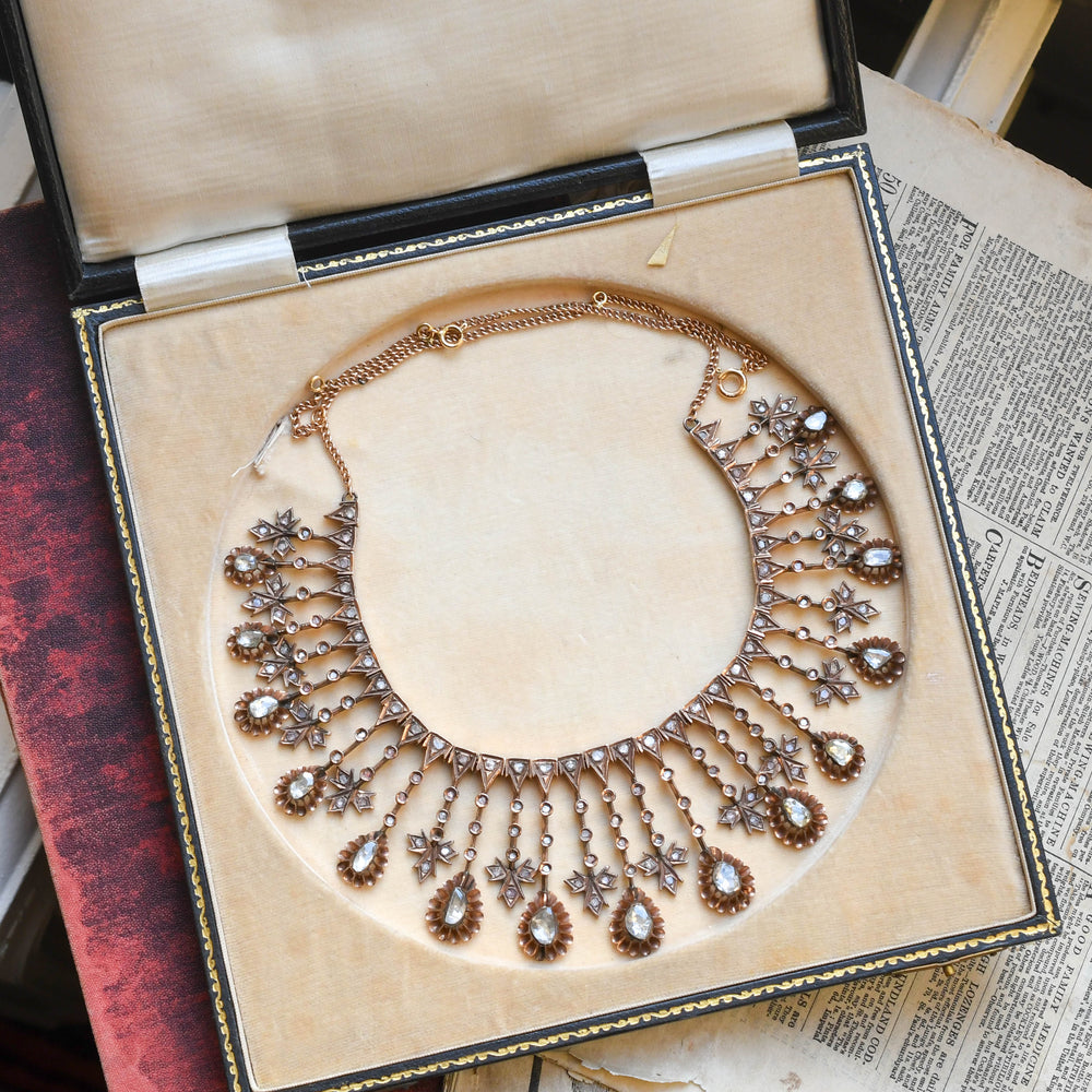 19th Century Boxed European Diamond Fringe Necklace