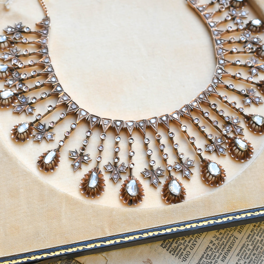 19th Century Boxed European Diamond Fringe Necklace