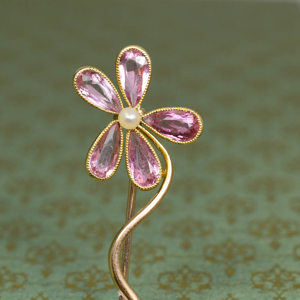 Edwardian Pink Tourmaline & Pearl Flower Pin