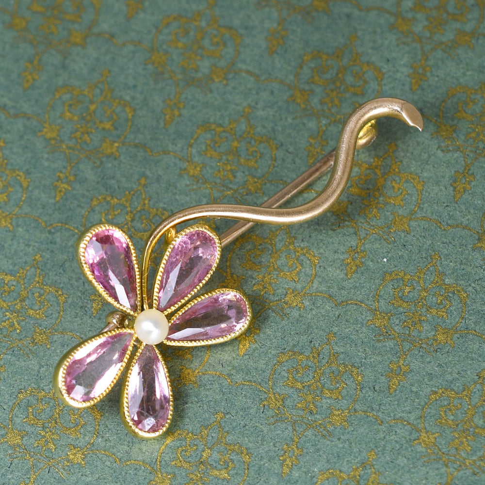 Edwardian Pink Tourmaline & Pearl Flower Pin