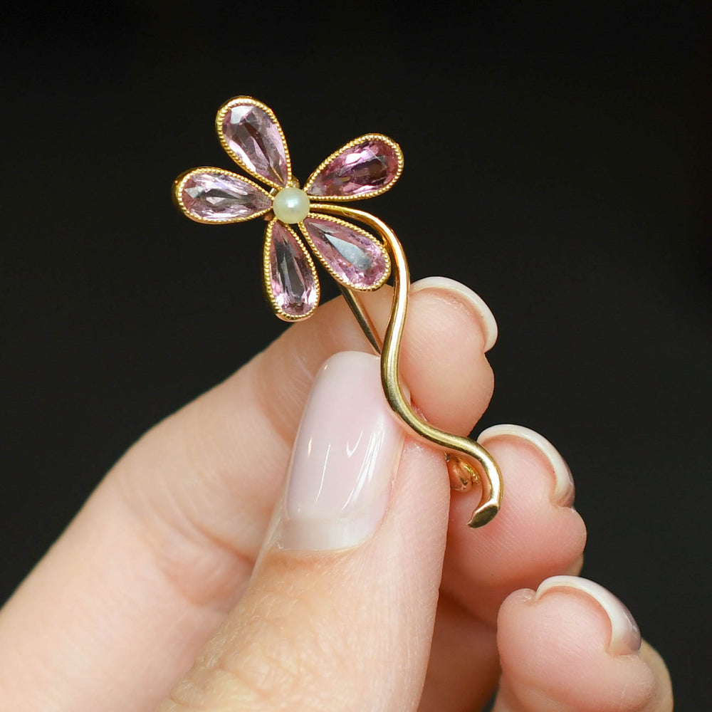 Edwardian Pink Tourmaline & Pearl Flower Pin
