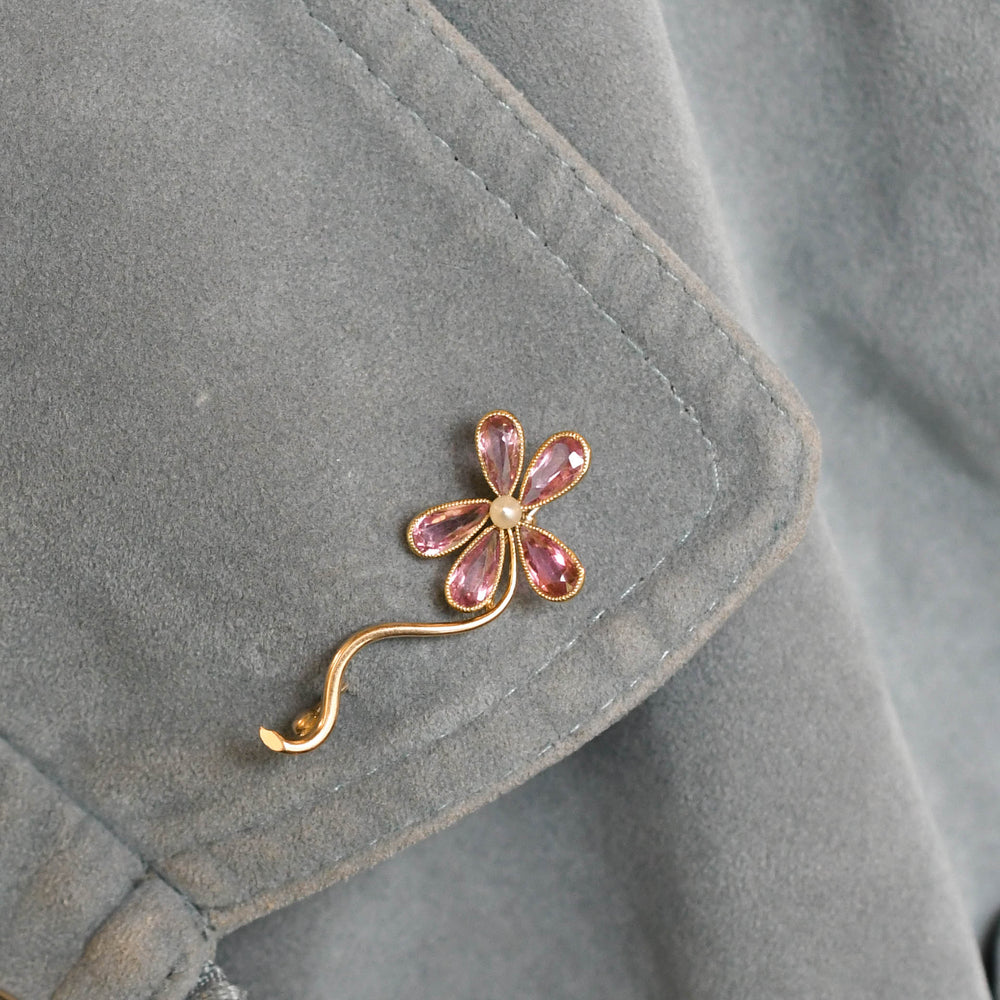 Edwardian Pink Tourmaline & Pearl Flower Pin