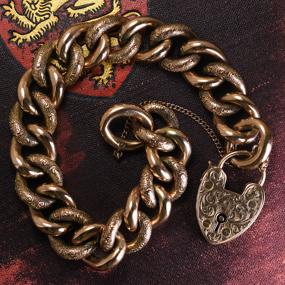 Victorian Gold Curb-Link Bracelet with Heart Padlock