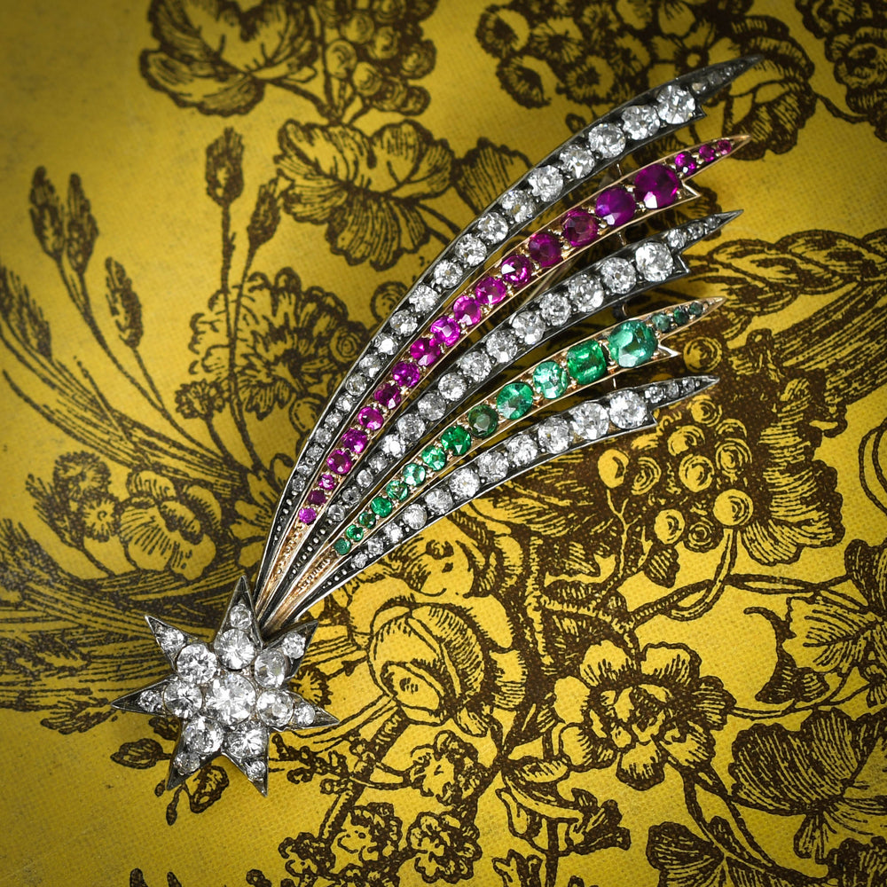 Victorian Diamond, Emerald & Ruby Shooting Star Brooch