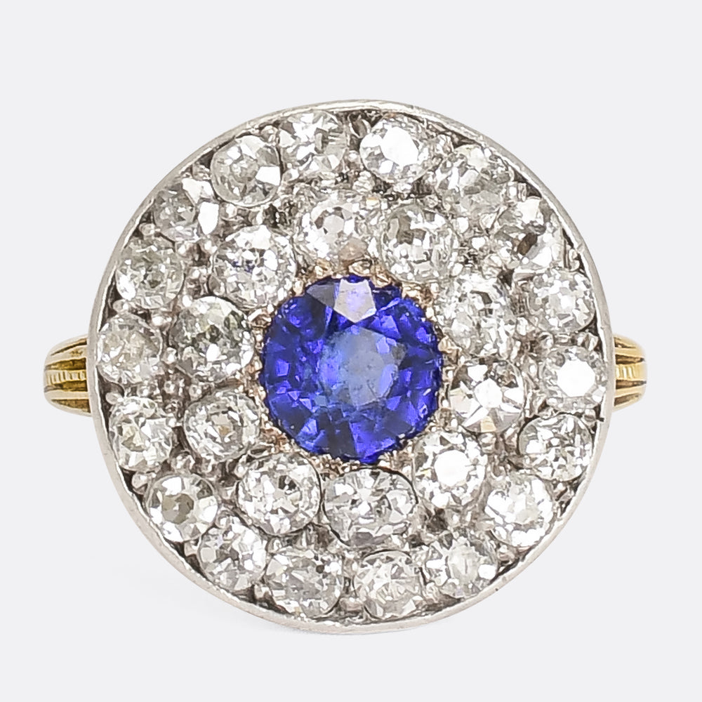 Art Deco Sapphire & Diamond Cluster Target Engagement Ring