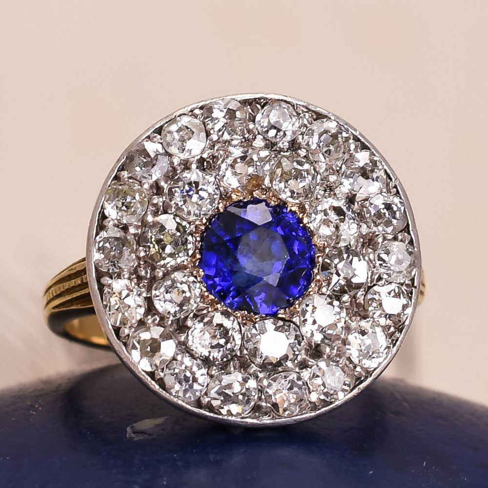 Art Deco Sapphire & Diamond Cluster Target Engagement Ring