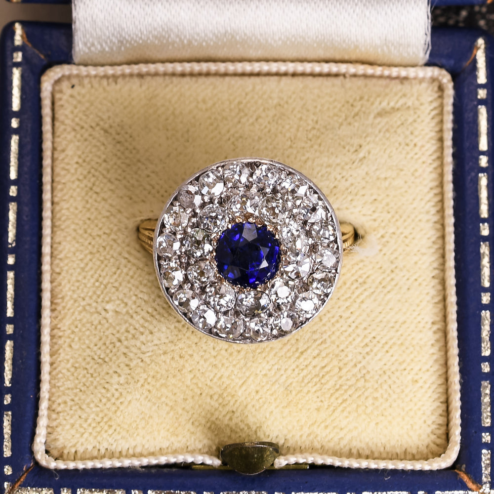Art Deco Sapphire & Diamond Cluster Target Engagement Ring