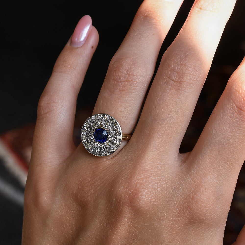 Art Deco Sapphire & Diamond Cluster Target Engagement Ring
