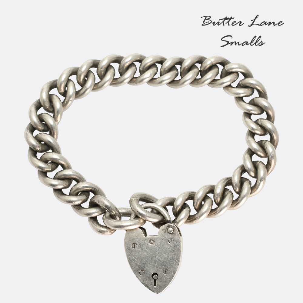 Victorian Silver Curb-Link Bracelet with Heart Padlock Clasp