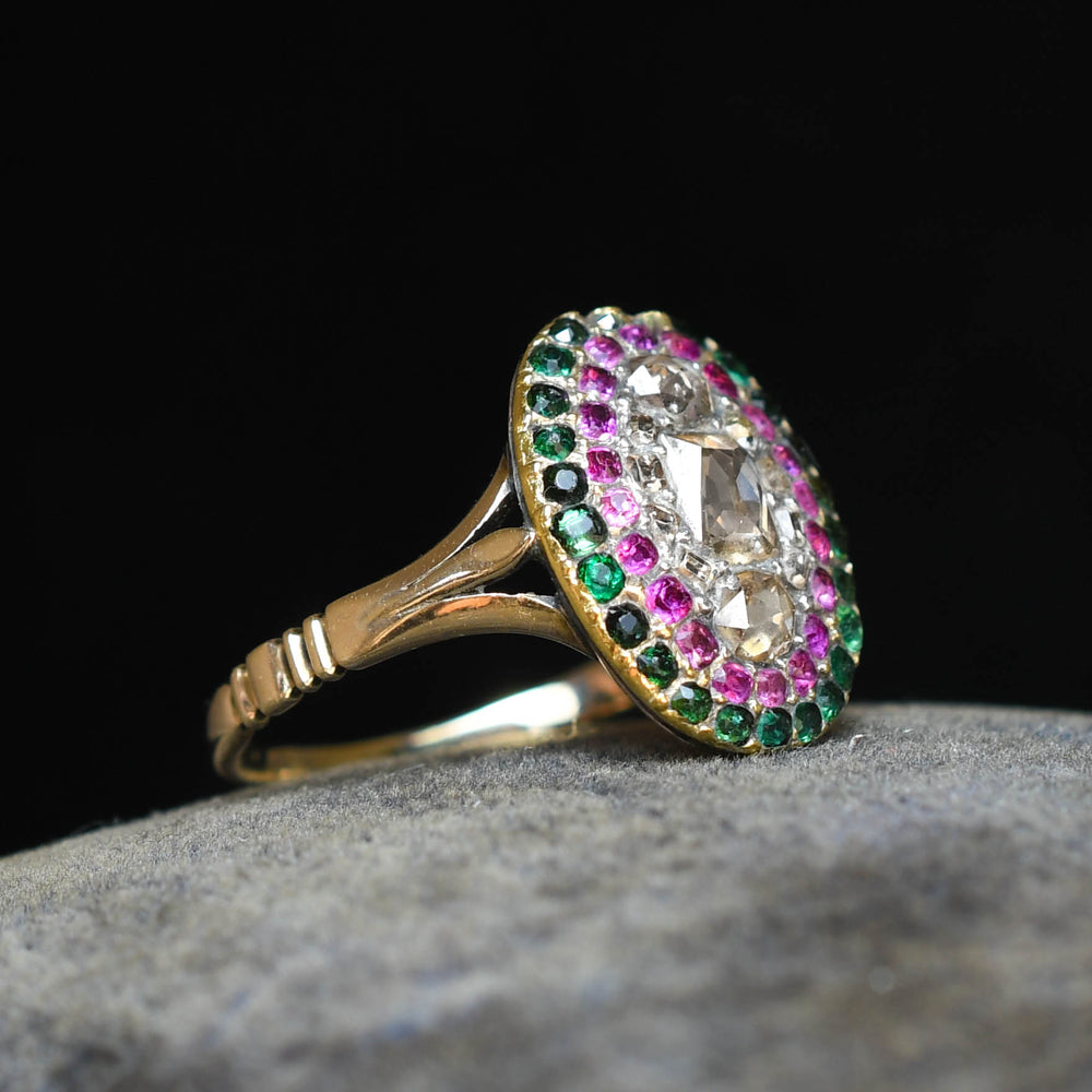 Georgian Rose Cut Diamond, Emerald & Ruby Target Cluster Ring