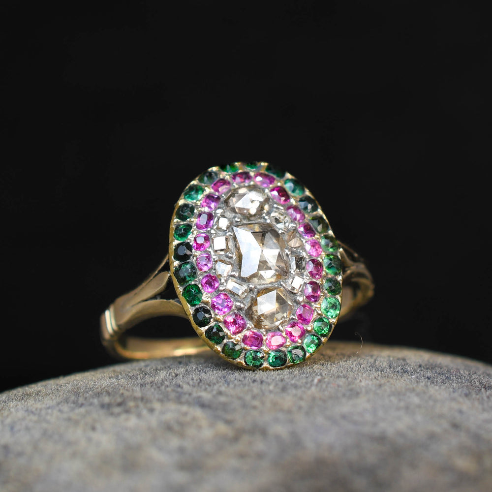 Georgian Rose Cut Diamond, Emerald & Ruby Target Cluster Ring