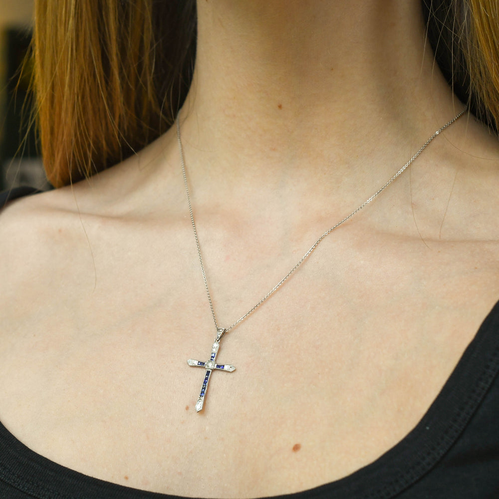 Art Deco Sapphire & Diamond Platinum Cross Pendant