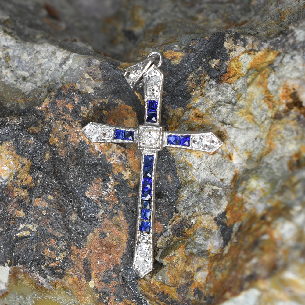 Art Deco Sapphire & Diamond Platinum Cross Pendant