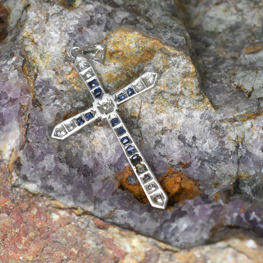 Art Deco Sapphire & Diamond Platinum Cross Pendant