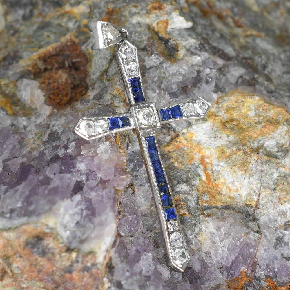 Art Deco Sapphire & Diamond Platinum Cross Pendant