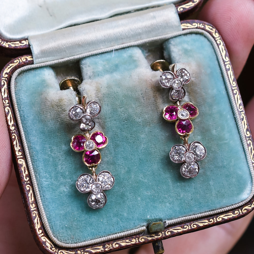 Victorian Ruby & Diamond Shamrock Earrings