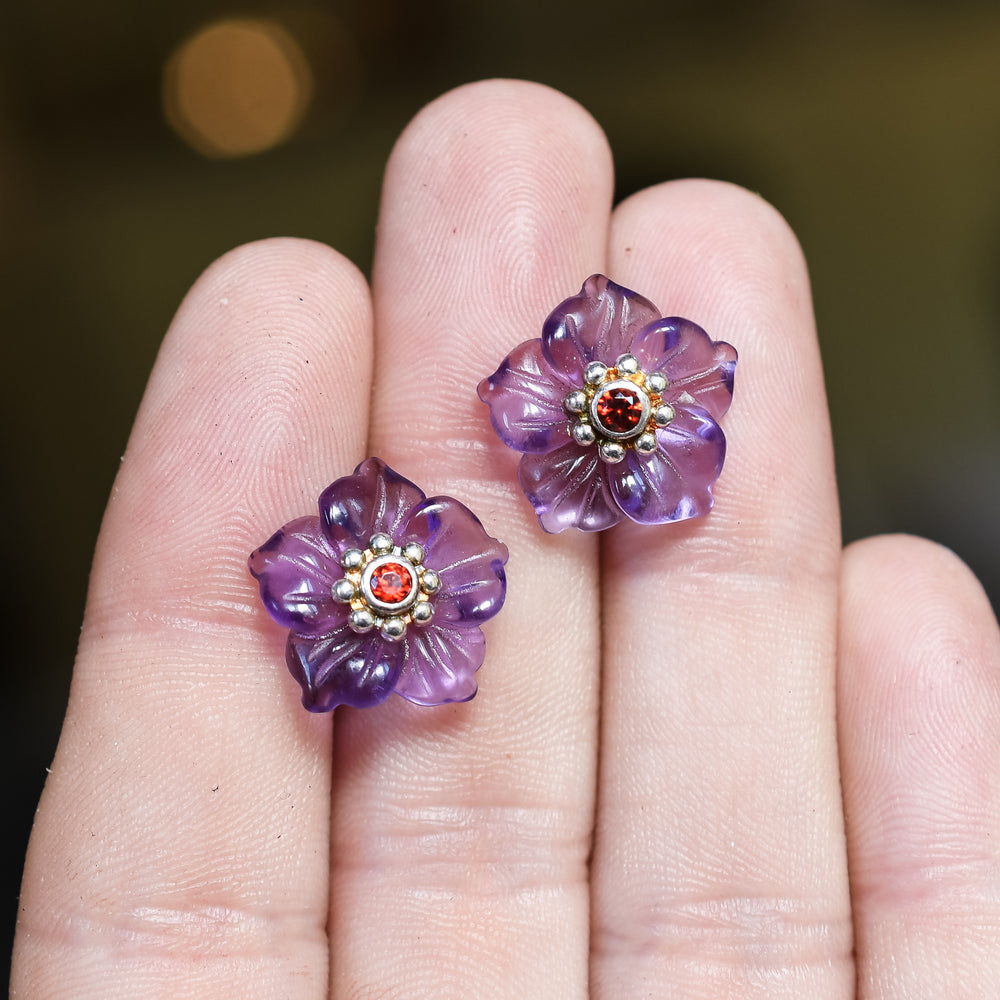 Vintage Carved Amethyst and Ruby Pansy Earrings