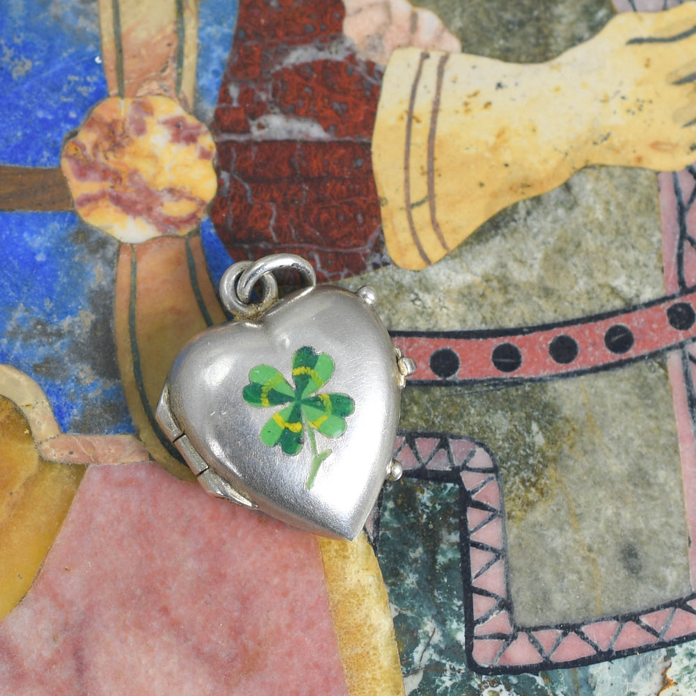 Victorian Silver Lucky Enamel Clover Heart Charm