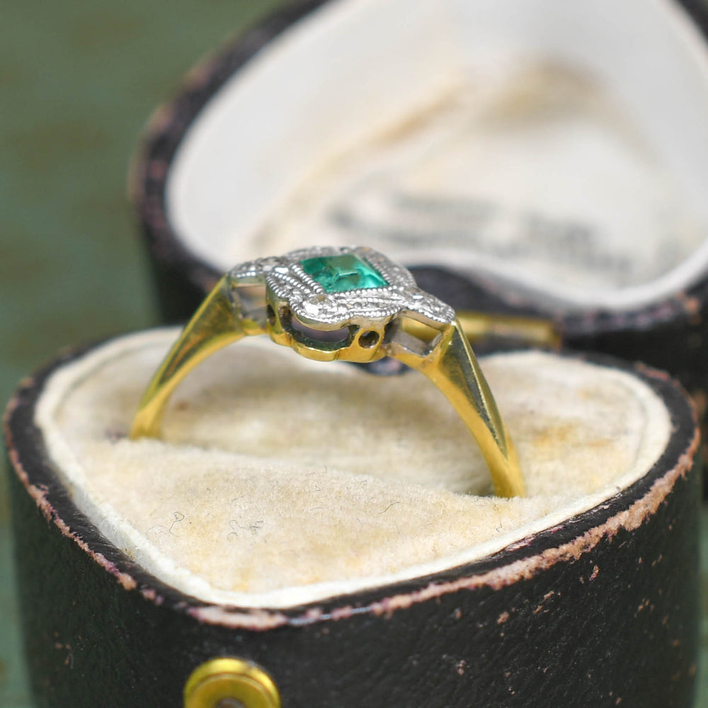 Edwardian Dainty Emerald & Diamond Cluster Ring