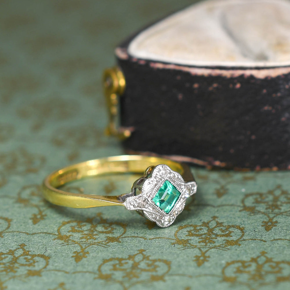 Edwardian Dainty Emerald & Diamond Cluster Ring