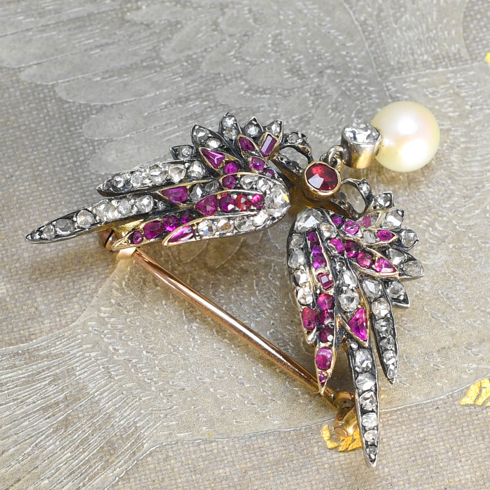 French Antique Diamond, Ruby & Pearl Wing Brooch