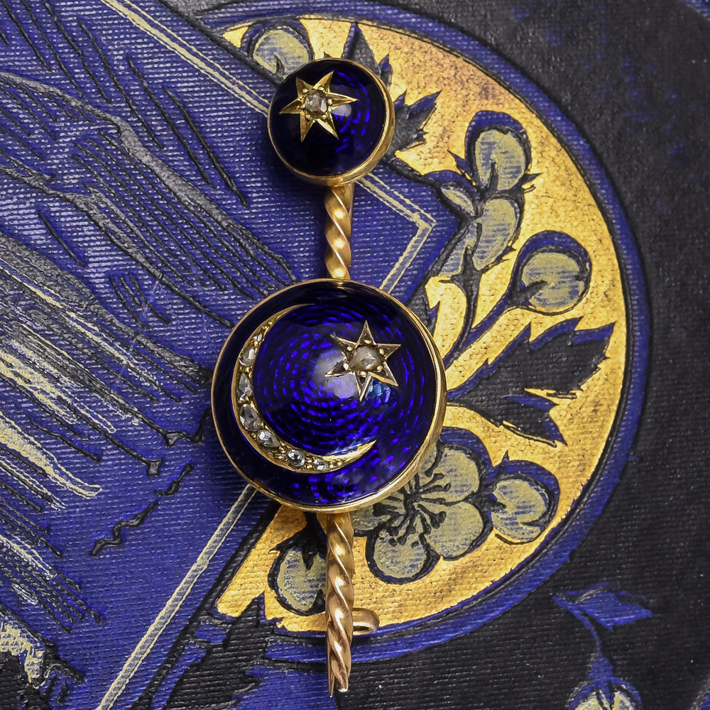 Victorian Diamond & Enamel Celestial Brooch