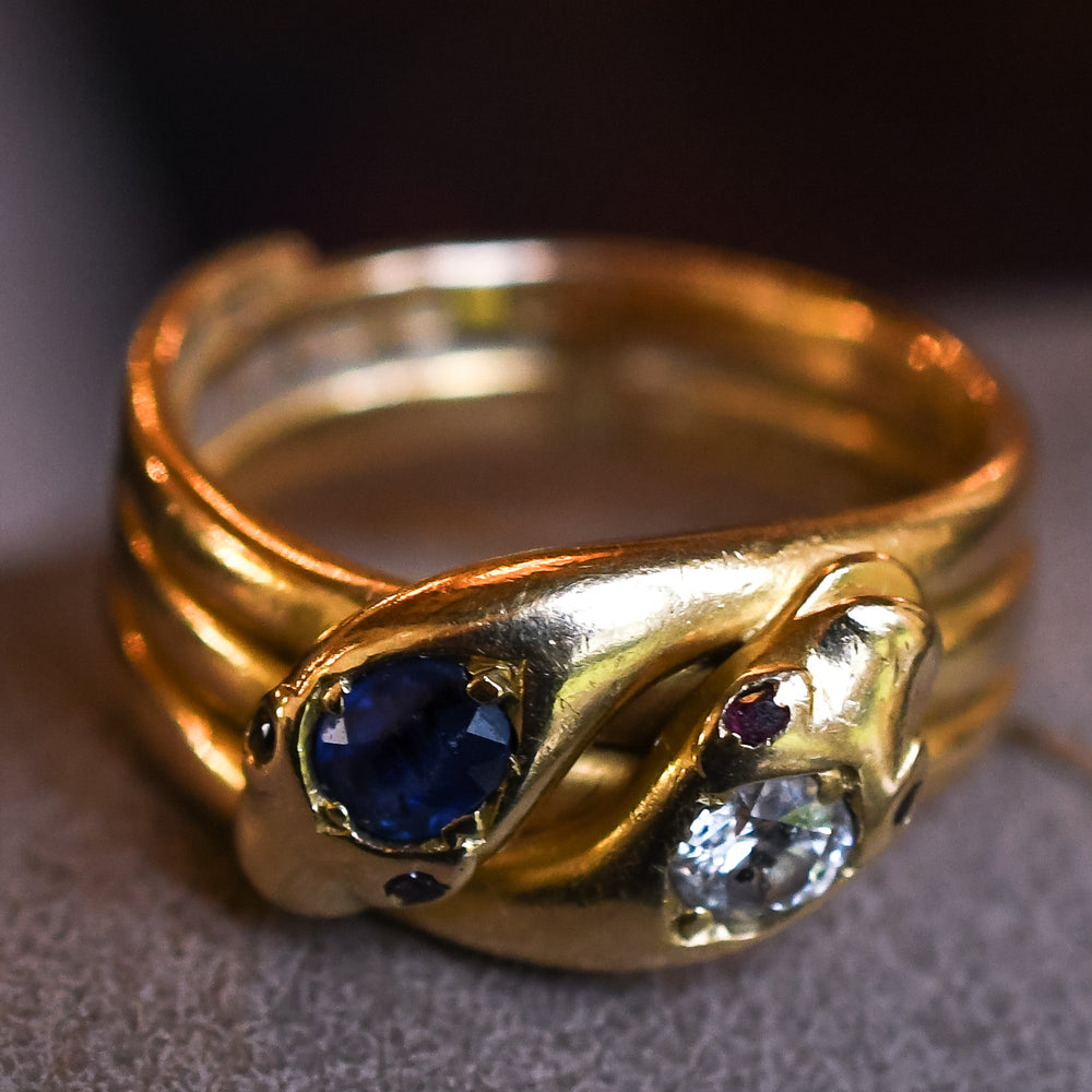 Edwardian Diamond & Sapphire Double Snake Ring