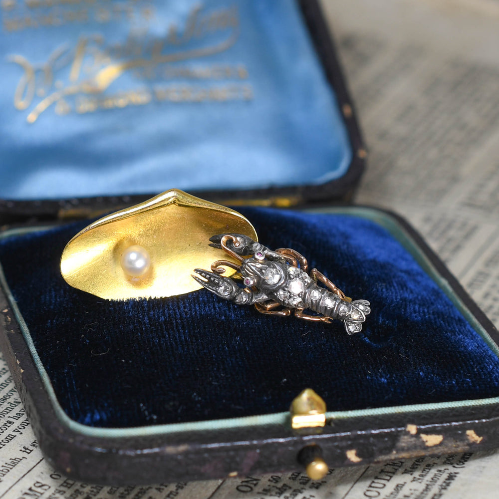 Late Victorian Rose Cut Diamond & Pearl Lobster Brooch
