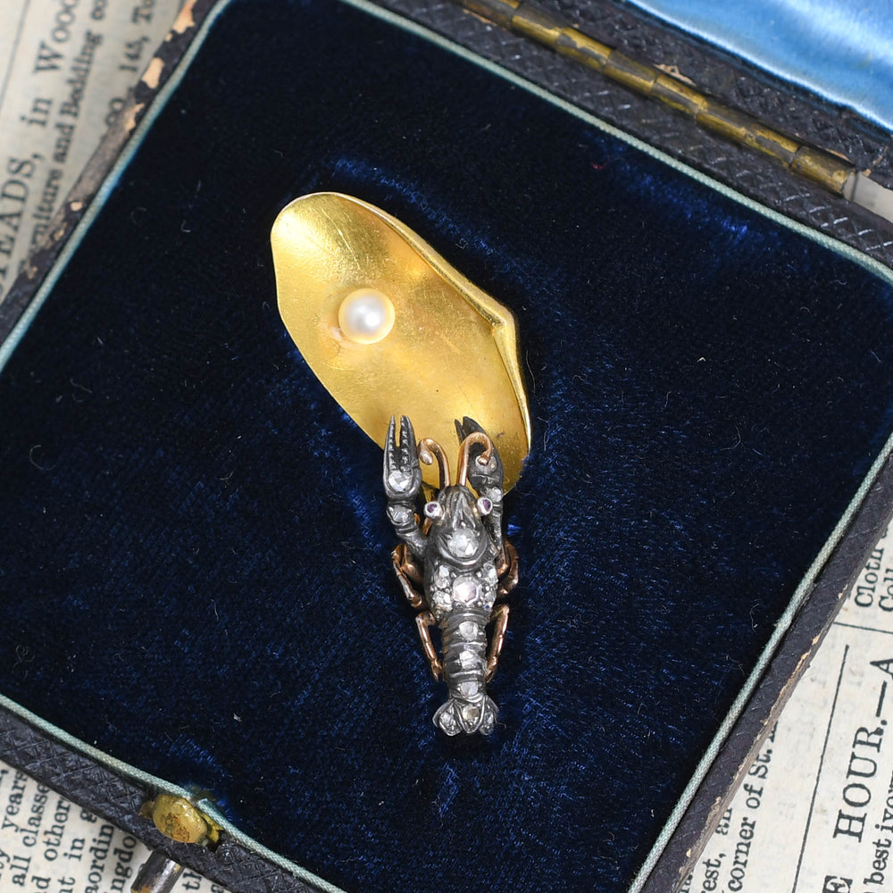 Late Victorian Rose Cut Diamond & Pearl Lobster Brooch