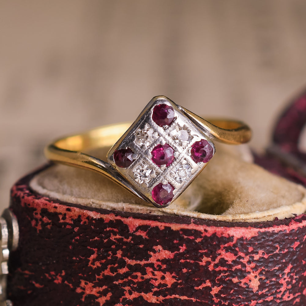 Art Deco Ruby & Diamond Square Cluster Crossover Ring