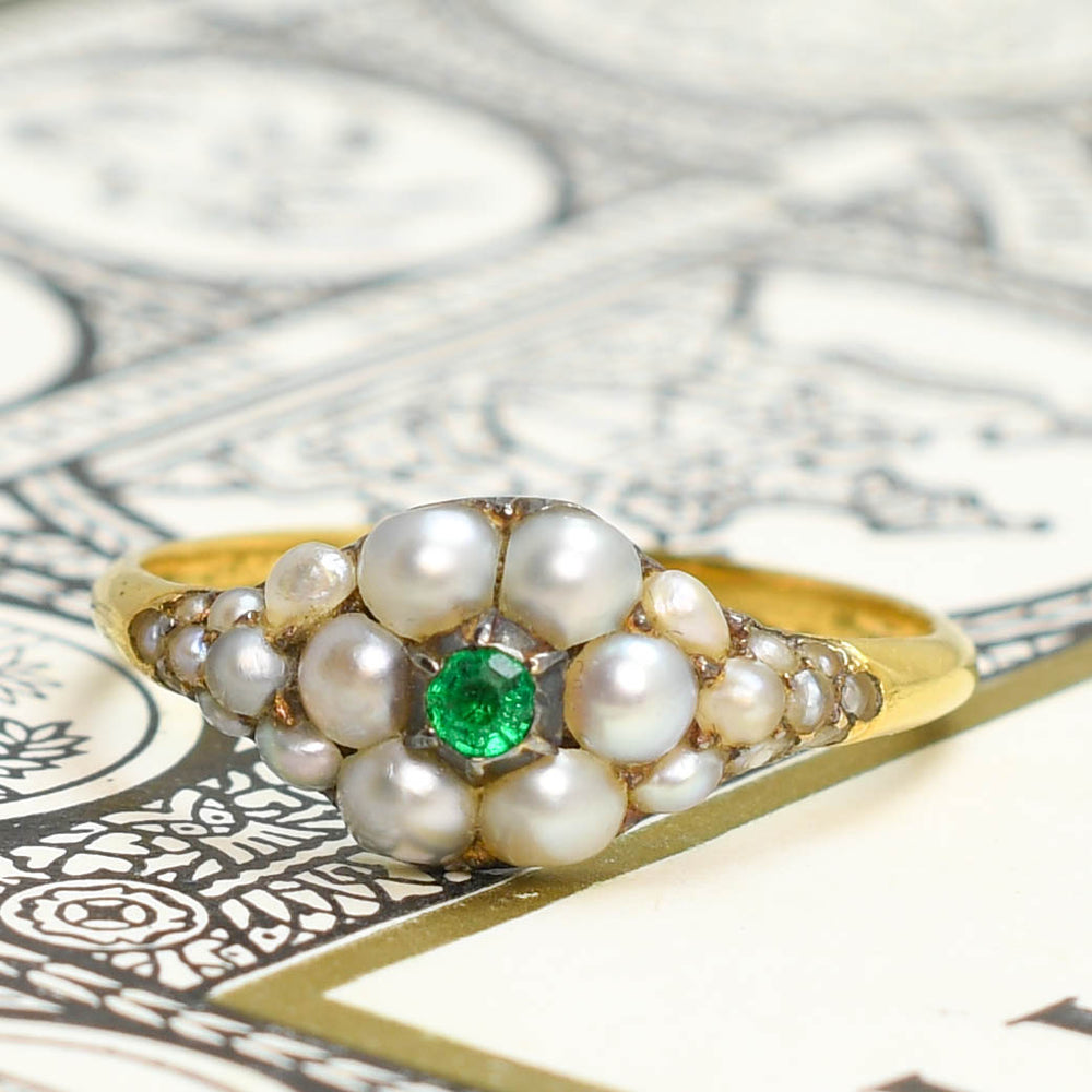 Georgian Emerald & Pearl Cluster Locket Ring