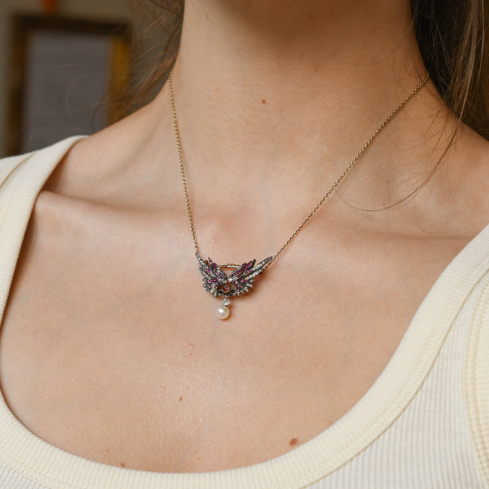 French Antique Diamond, Ruby & Pearl Wing Brooch