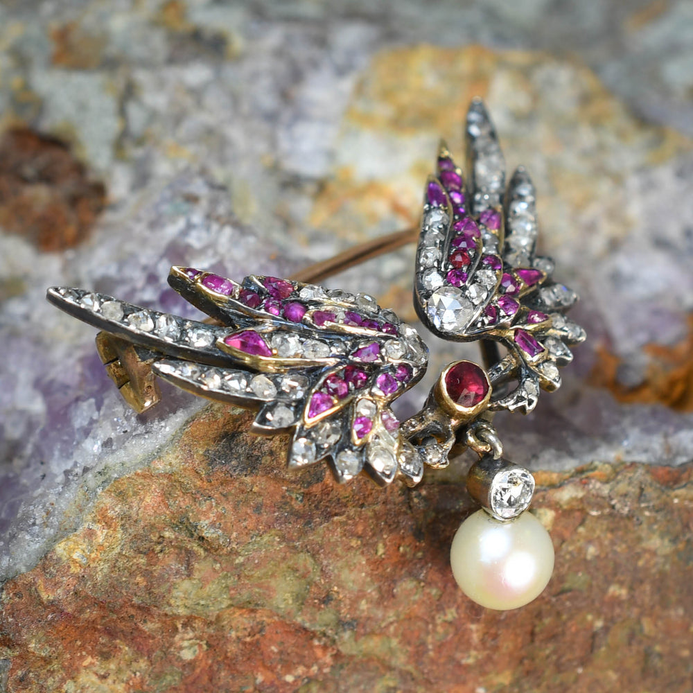 French Antique Diamond, Ruby & Pearl Wing Brooch