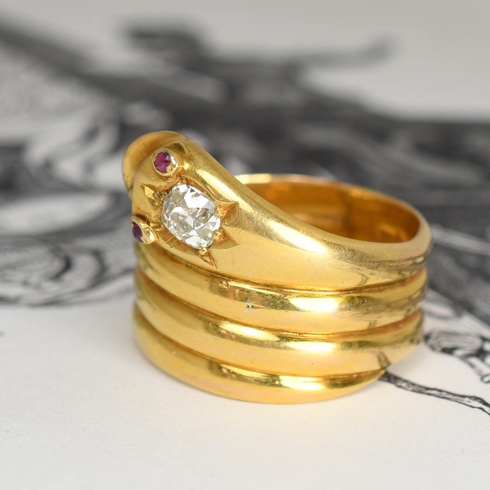 Victorian 0.75ct Diamond & Ruby Coiled Snake Ring