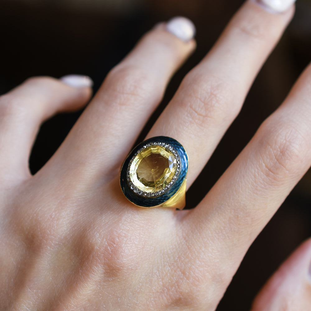 Georgian Yellow Sapphire & Diamond Enamel Ring