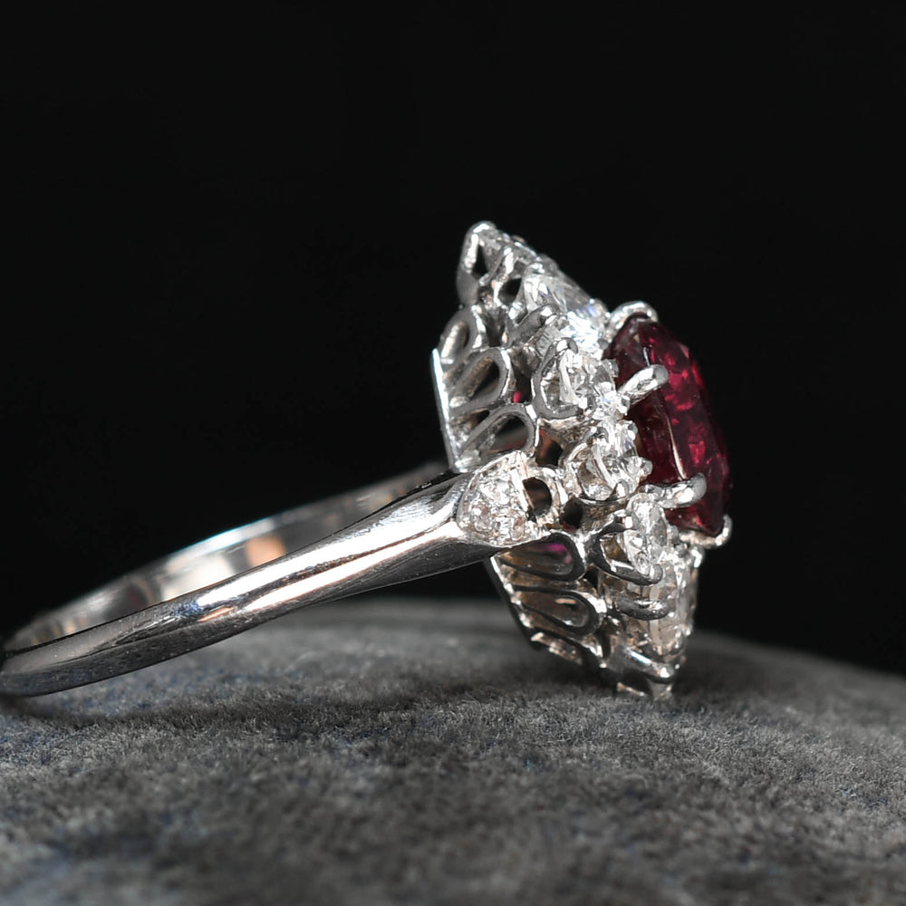 Vintage French Ruby & Diamond Marquise Cluster Ring