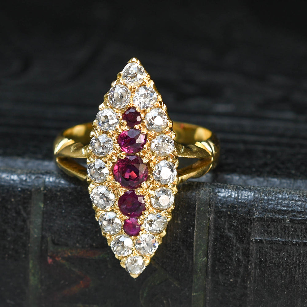 Victorian Ruby & Diamond Cluster Navette Ring